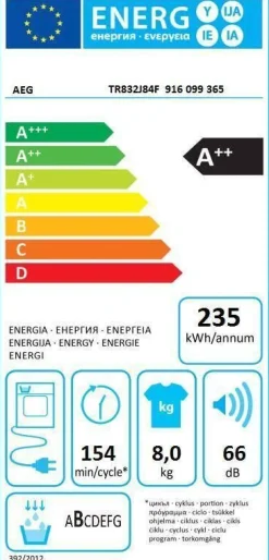 Aeg kuivausrumpu TR832J84F 8 kg kondensoiva